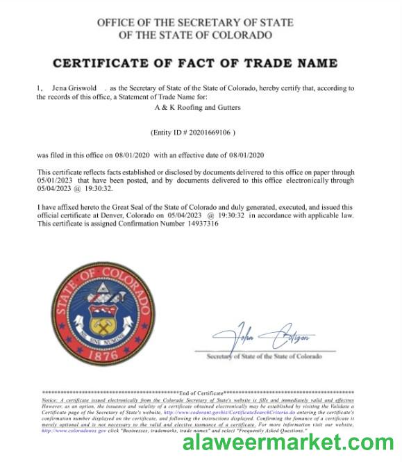 USA Colorado Certificate of fact of trade name